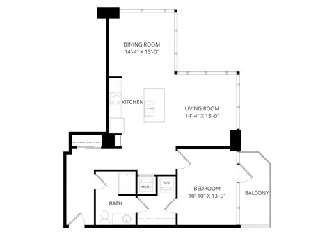 Floor plan for 1 bed, 1 bath, 947 sqft
